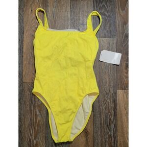 Vintage Beach Stop Yellow Textured Tropical One Piece Swimsuit 13/14 H-06107 USA